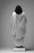 Statue of a figure in a white garment on a gray background