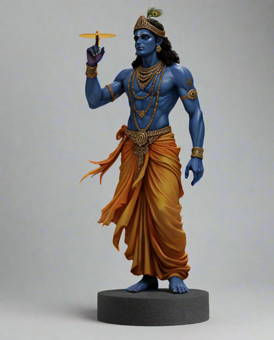 Blue-skinned figurine with gold attire on a gray background