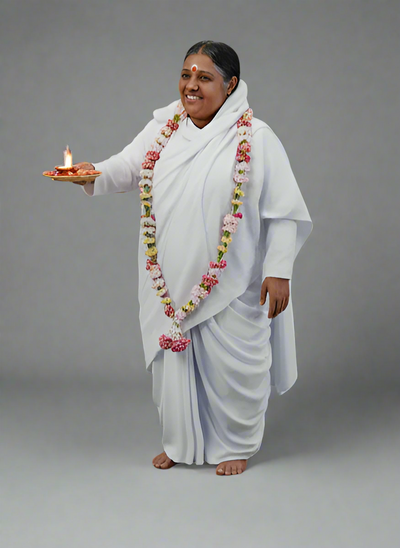 Statue of a person in white traditional attire with offerings on a gray background